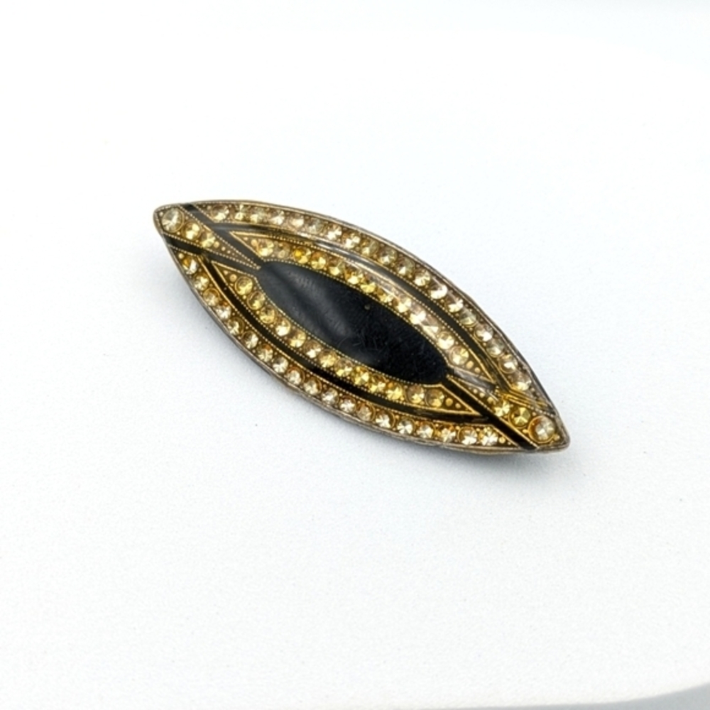 Vintage art deco 1970s trombone clasp enamel rhinestone brooch pin